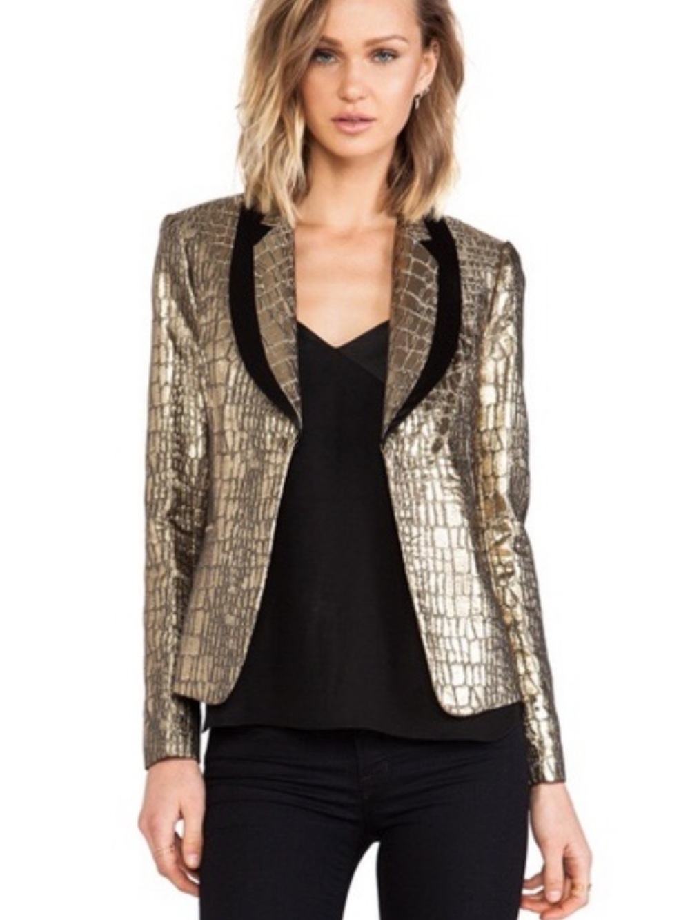 Diane Von Furstenberg Blazer Tuxedo Androgynous Metallic Croc Brocade Gold 10